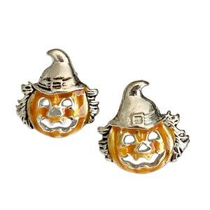Vintage Jack O Lantern Pumpkin Post Stud Earrings Orange Halloween Scarecrow